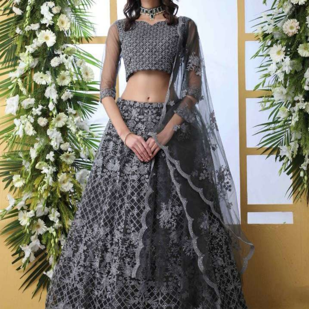 Grey Net flared lehenga
